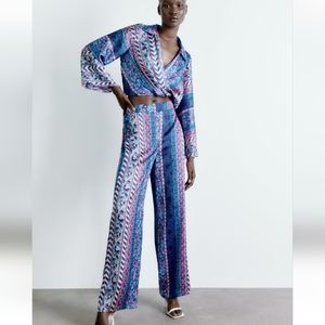 Zara blue satin effect print pants